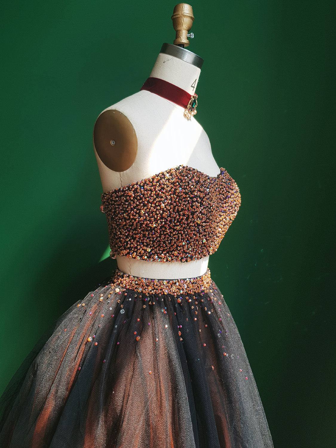 Black two pieces beads tulle short prom dress black homecoming dress - RongMoon