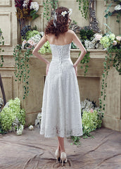 Lace Strapless A-line Tea-length Wedding Dresses With Handmade Flower