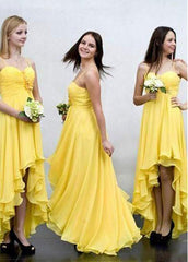 Yellow Hi-lo A-line Bridesmaid Dresses With Handmade Flowers