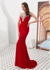 Tulle & Satin Jewel Red Beading Mermaid Evening Dress