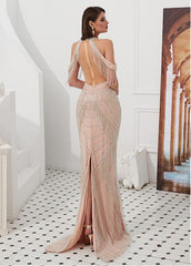 High Collar Beading Champagne Mermaid Evening Dress
