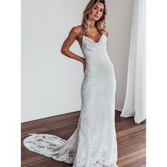 Sheath Column Lace Spaghetti Straps Wedding Dress