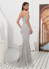 Tulle Spaghetti Straps Silver Mermaid Evening Dress With Rhinestones