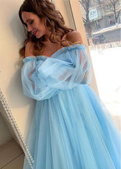 Tulle Off-the-shoulder Blue A-line Prom Dresses With Lace Appliques