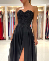 Black Beading Sweetheart Prom Dresses With Slit