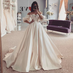 Satin Short Sleeve Beads Off The Shoulder Ball Gown Wedding Dress