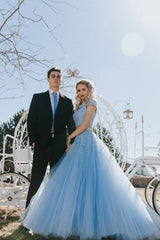 Blue tulle two pieces long prom dress blue formal dress - RongMoon