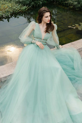Long Sleeves V Neck Mint Tulle Beading Prom Dress