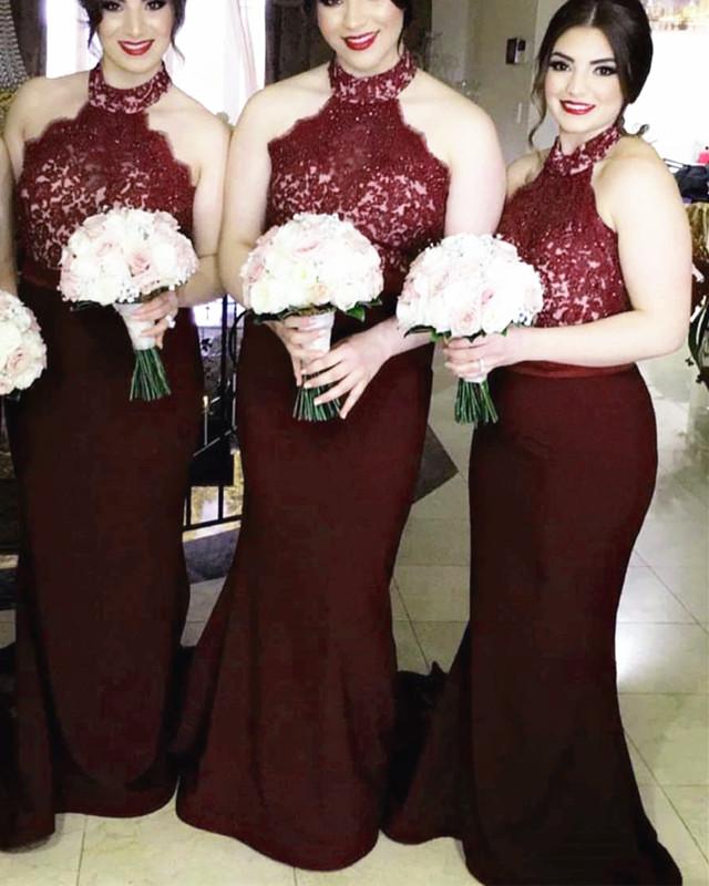 Lace Halter Long Floor Length Mermaid Bridesmaid Dresses