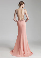 Crystal V-neck Neckline Mermaid Evening Dress With Beadings & Slit