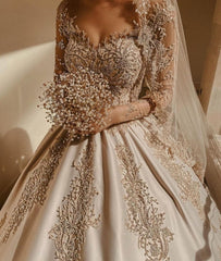 Long Sleeves Beading Appliques Sweep Train Luxury A Line Wedding Dress