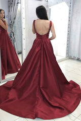 A Line Satin Burgundy V Neck See Through Backless Prom Dress
