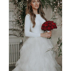 Princess Tulle Ruffles Scoop Long Sleeves Backless Wedding Dress