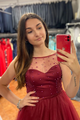 Scoop Long Sheer A-Line Red Beading Tulle Prom Dress