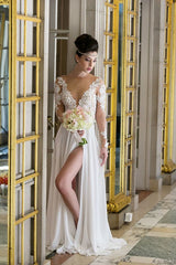 Long Sleeve Sexy Slit V-neck Chiffon Bridal Simple Wedding Dress