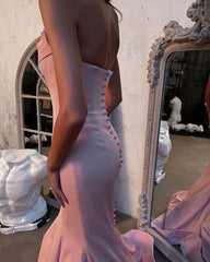 Pink Strapless Satin Trumpet Mermaid Button Sleeveless Formal Dress