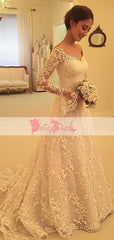 Gorgeous Lace Appliques Unique Long Flare Sleeve A-Line With Chapel Train Wedding Dresses,DB0125