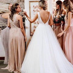 A-Line White Tulle Backless Sleeveless Bride Wedding Dress With Bow
