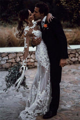Cheap Long Sleeve See Through Lace Close-fitting Outdoor Beach Wedding Dress