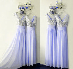 Lovely Sequins V-neck Chiffon Long Bridesmaid Dresses For Bridal Party