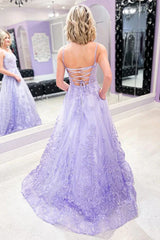 Lilac Backless Tulle Appliques Formal Prom Dress