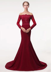 Satin Off-the-shoulder Beading Red Mermaid Evening Dress With Belt