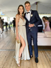 Champagne Pleats Spaghetti Straps Chiffon Long Prom Dress With Belt