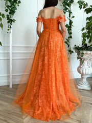 Off The Shoulder Orange Long Prom Dress With High Slit