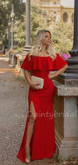 Charming Off-shoulder Mermaid Satin Side Slit Long Prom Dresses Evening Dresses.DB10435