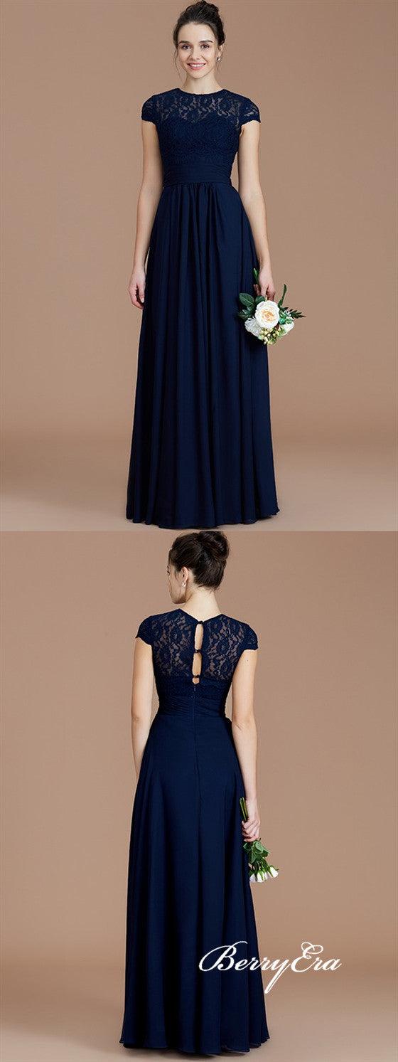 Navy Illusion A-line Lace Chiffon Long Bridesmaid Dresses - RongMoon