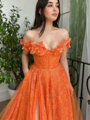 Off The Shoulder Orange Long Prom Dress With High Slit