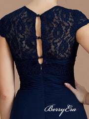 Navy Illusion A-line Lace Chiffon Long Bridesmaid Dresses - RongMoon