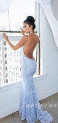 Mermaid V-neck Open Back Lace Long Prom Dresses Evening Dresses.DB10375