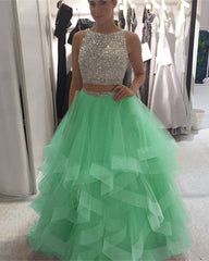 Exquisite Sequin Beaded Organza Ruffles Prom Dresses Two Piece