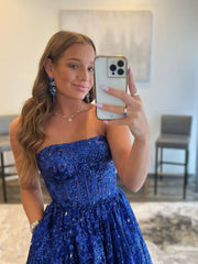 Blue A line tulle sequin long prom dress, blue tulle evening dress - RongMoon