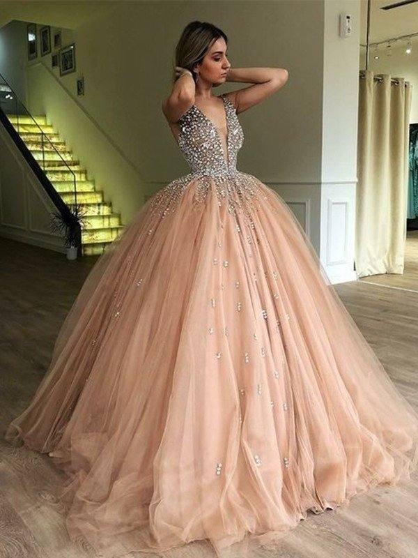 Ball Gown V-neck Sleeveless Floor-Length Beading Tulle Dresses - RongMoon