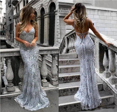 Silver Robe De Soiree Mermaid Spaghetti Straps Appliques Sexy Long Women Party Prom Dresses Prom Gown Evening Dresses - RongMoon