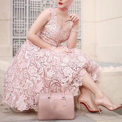 Vintage V Neck Tea Length Lace Wedding Guest Dresses