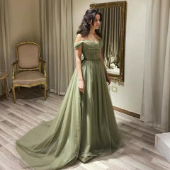 Sage Long Tulle Off The Shoulder Beading Prom Dress