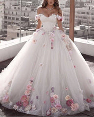 Off Shoulder Tulle Ball Gown Wedding Dresses Floral Flowers Beaded - RongMoon