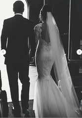Beading Long Sleeves Lace Jewel Mermaid Wedding Dress
