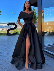 A-Line Prom Dresses Little Black Dress Dress Formal Floor Length Short Sleeve Off Shoulder Satin with Ruched Slit