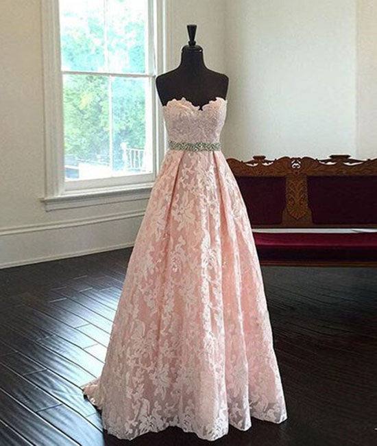Pink Sweetheart Neck Lace Long Prom Dresses, Evening Dresses - RongMoon