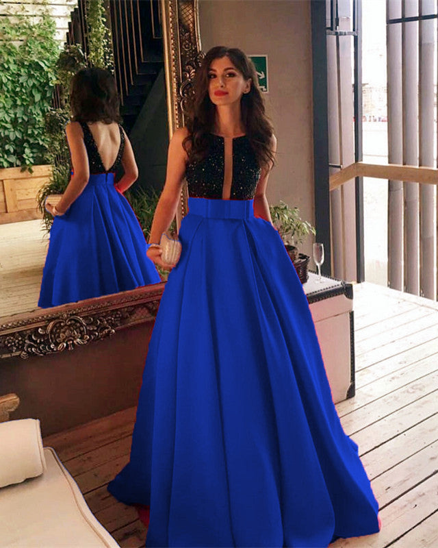 Black Beaded Top Bow Sashes Floor Length Satin Prom Dresses