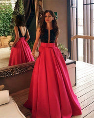 Black Beaded Top Bow Sashes Floor Length Satin Prom Dresses