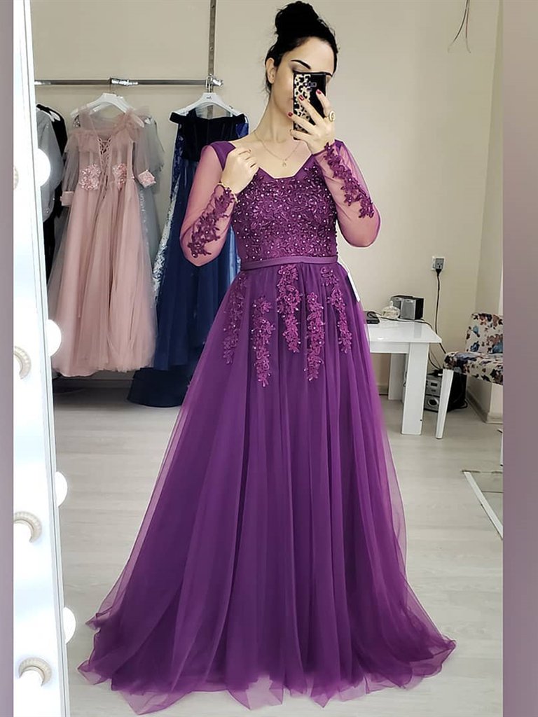 Purple See Through Long Sleeve V Neck Beading Tulle Prom Dress