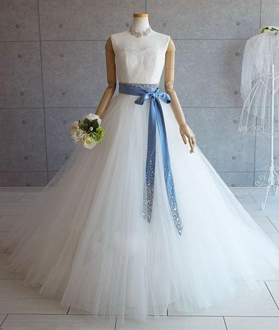 White Long Tulle Illusion Neck Wedding Dress With Sash