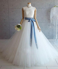 White Long Tulle Illusion Neck Wedding Dress With Sash