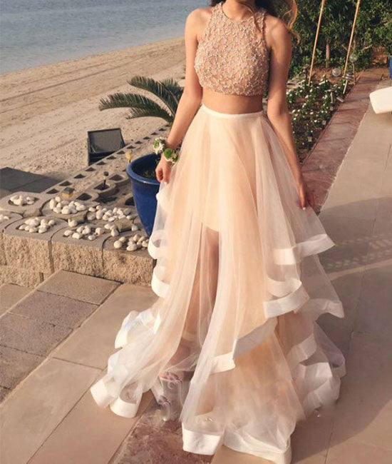 White Two Pieces Sequin Tulle Long Prom Dress, Evening Dress - RongMoon