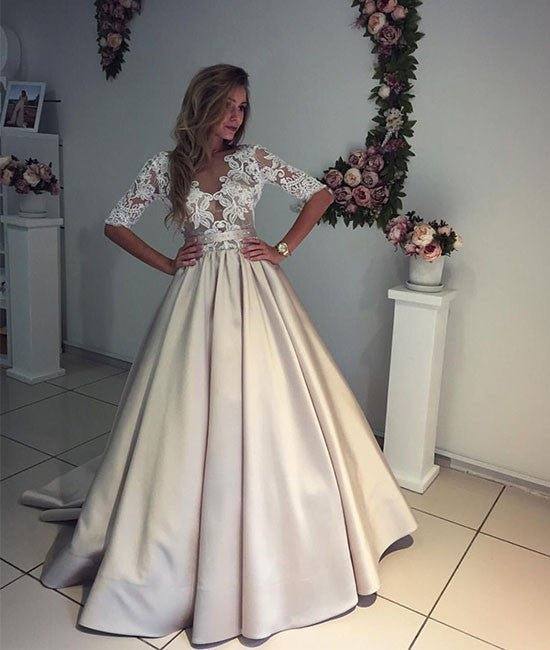 Unique Champagne v neck lace prom dress, champagne wedding dress - RongMoon